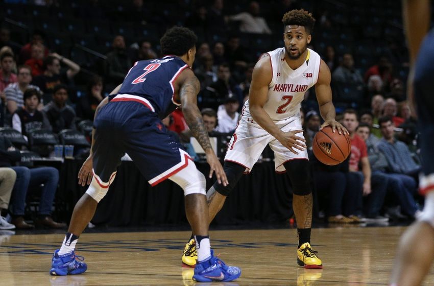 Nov 25, 2016; Brooklyn, NY, USA; Maryland Terrapins guard Melo Trimble (2) looks to pass while defended by Richmond Spiders guard Khwan Fore (2) during the first half of the second game of the Barclays Center Classic at Barclays Center. Mandatory Credit: Vincent Carchietta-USA TODAY Sports
