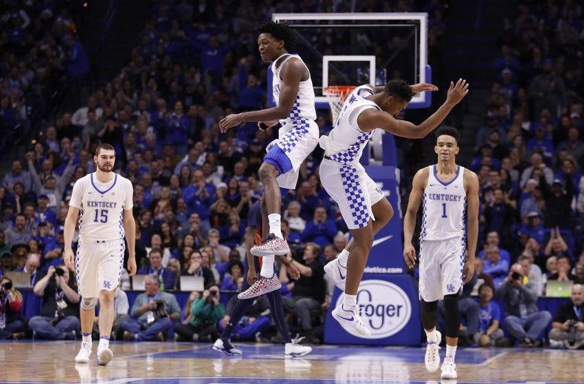 Nov 25, 2016; Lexington, KY, USA; Kentucky Wildcats guard Malik Monk (5) and guard De'Aaron Fox (0) celebrate during the game against the Tennessee-Martin Skyhawks in the second half at Rupp Arena. Kentucky defeated Tennessee-Martin 111-76. Mandatory Credit: Mark Zerof-USA TODAY Sports