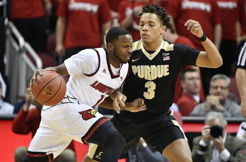 Nov 30, 2016; Louisville, KY, USA; Louisville Cardinals guard Tony Hicks (1) dribbles against Purdue Boilermakers guard Carsen Edwards (3) during the first half at KFC Yum! Center. Mandatory Credit: Jamie Rhodes-USA TODAY Sports