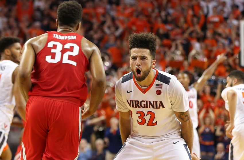 Nov 30, 2016; Charlottesville, VA, USA; Virginia Cavaliers guard London Perrantes (32) reacts after making a three-point field goal against the Ohio State Buckeyes in the second half at John Paul Jones Arena. The Cavaliers won 63-61. Mandatory Credit: Geoff Burke-USA TODAY Sports