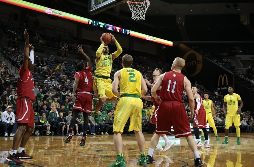 Nov 30, 2016; Eugene, OR, USA; Western Oregon Forward Tanner Omlid (11) and Western Oregon Guard Demetrius Trammel (4) and Oregon Ducks guard Casey Benson (2) watch as Oregon Ducks forward Dillon Brooks (24) shoot the ball in the second half at Matthew Knight Arena. Mandatory Credit: Scott Olmos-USA TODAY Sports
