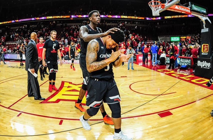 Dec 1, 2016; Ames, IA, USA; Cincinnati Bearcats guard Justin Jenifer (3) celebrates after the game against the Iowa State Cyclones at James H. Hilton Coliseum. Cincinnati won 55-54. Mandatory Credit: Jeffrey Becker-USA TODAY Sports