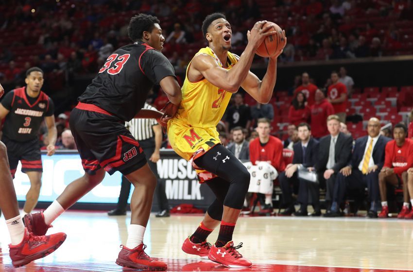 Dec 12, 2016; College Park, MD, USA; Maryland Terrapins forward Justin Jackson (21) drives to the basket defended by Jacksonville State Gamecocks forward Joshua Tomaic (33) at Xfinity Center. Mandatory Credit: Mitch Stringer-USA TODAY Sports