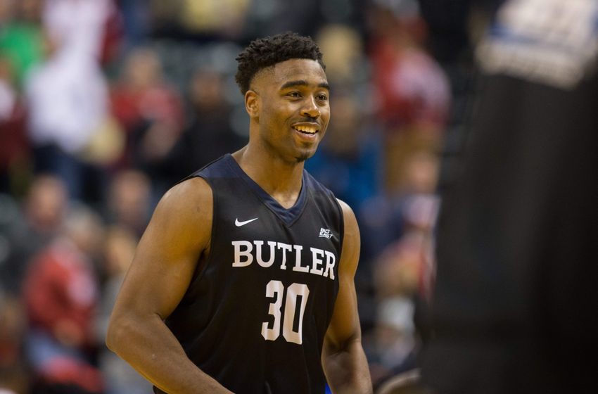 Dec 17, 2016; Indianapolis, IN, USA; Butler Bulldogs forward Kelan Martin (30) celebrates the win over Indiana Hoosiers at Bankers Life Fieldhouse. Butler beat Indiana 83-78. Mandatory Credit: Trevor Ruszkowski-USA TODAY Sports