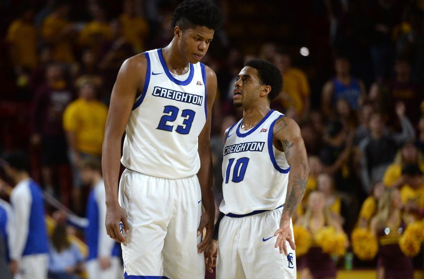 Dec 20, 2016; Tempe, AZ, USA; Creighton Bluejays center Justin Patton (23) and guard Maurice Watson Jr. (10) talk during the second half against the Arizona State Sun Devils at Wells-Fargo Arena. Creighton won 96-85. Mandatory Credit: Joe Camporeale-USA TODAY Sports