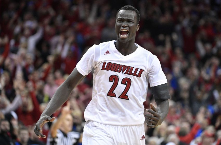 Dec 21, 2016; Louisville, KY, USA; Louisville Cardinals forward Deng Adel (22) reacts after time expired in the second half against the Kentucky Wildcats at KFC Yum! Center. Louisville defeated Kentucky 73-70. Mandatory Credit: Jamie Rhodes-USA TODAY Sports