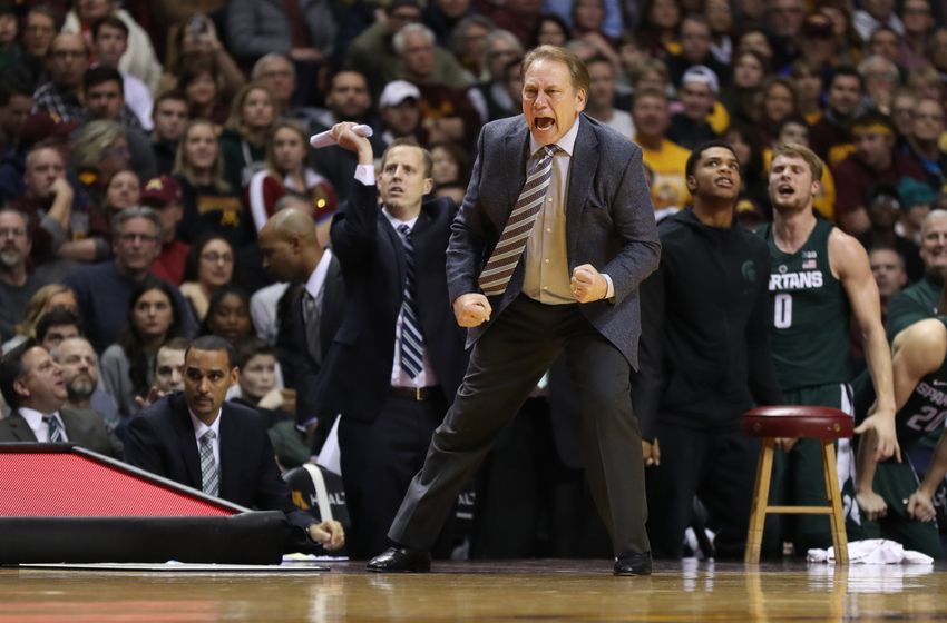 Dec 27, 2016; Minneapolis, MN, USA; Michigan State Spartans head coach Tom Izzo reacts against the Minnesota Golden Gophers during the second half at Williams Arena. Michigan State defeated Minnesota 75-74 in overtime. Mandatory Credit: Jordan Johnson-USA TODAY Sports