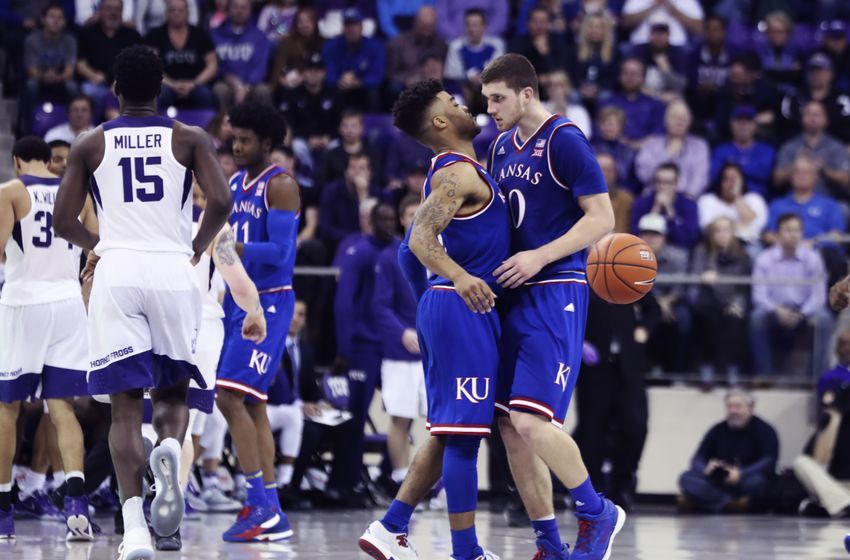 Dec 30, 2016; Fort Worth, TX, USA; Kansas Jayhawks guard Frank Mason III (left) and guard Sviatoslav Mykhailiuk (10) react during the second half against the TCU Horned Frogs at Ed and Rae Schollmaier Arena. Mandatory Credit: Kevin Jairaj-USA TODAY Sports