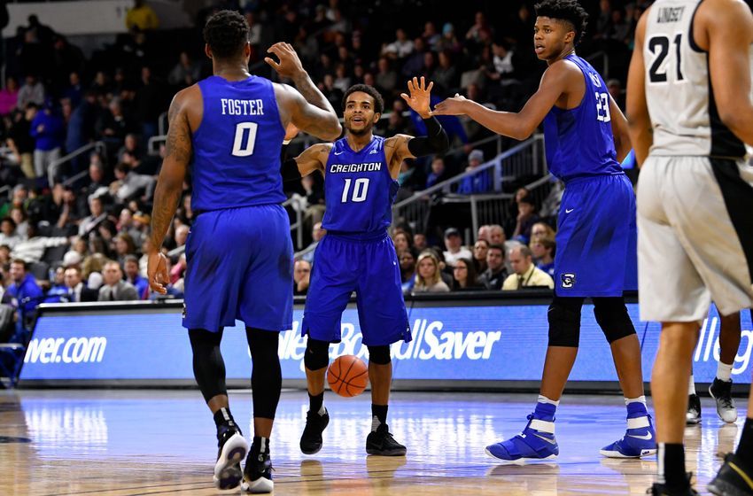 Jan 7, 2017; Providence, RI, USA; Creighton Bluejays guard Marcus Foster (0), guard Maurice Watson Jr. (10), and center Justin Patton (23) high-five after a game at the Dunkin Donuts Center. The Bluejays won 78-64. Mandatory Credit: Brian Fluharty-USA TODAY Sports