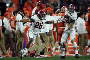Jan 11, 2016; Glendale, AZ, USA; Alabama Crimson Tide defensive back Marlon Humphrey (26) celebrates after recovering an onside kick against the Clemson Tigers in the 2016 CFP National Championship at University of Phoenix Stadium. Mandatory Credit: Joe Camporeale-USA TODAY Sports