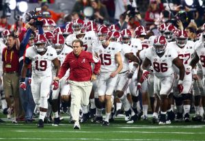 Jan 11, 2016; Glendale, AZ, USA; Alabama Crimson Tide head coach Nick Saban leads his team to the field before the 2016 CFP National Championship against the Clemson Tigers at University of Phoenix Stadium. Mandatory Credit: Mark J. Rebilas-USA TODAY Sports