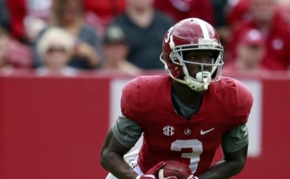 Apr 16, 2016; Tuscaloosa, AL, USA; Alabama Crimson Tide wide receiver Calvin Ridley (3) returns a punt during the annual A-day game at Bryant-Denny Stadium. Mandatory Credit: Marvin Gentry-USA TODAY Sports