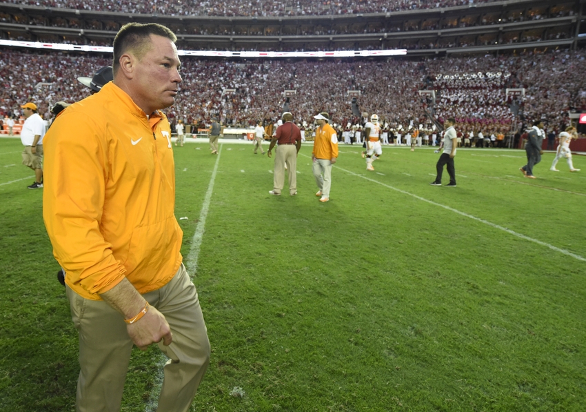 Oct 24, 2015; Tuscaloosa, AL, USA; Tennessee Volunteers head coach Butch Jones walks off the following their 19-14 loss to the Alabama Crimson Tide at Bryant-Denny Stadium. Mandatory Credit: John David Mercer-USA TODAY Sports