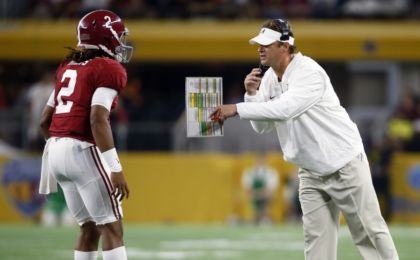 Sep 3, 2016; Arlington, TX, USA; Alabama Crimson Tide quarterback Jalen Hurts (2) speaks with offensive coordinator Lane Kiffin during the third quarter at AT&T Stadium. Mandatory Credit: Tim Heitman-USA TODAY Sports