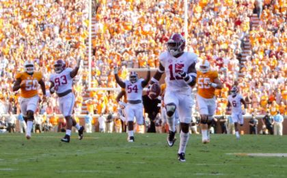 Oct 15, 2016; Knoxville, TN, USA; Alabama Crimson Tide defensive back Ronnie Harrison (15) returns an interception for a touchdown against the Tennessee Volunteers during the first half at Neyland Stadium. Mandatory Credit: Randy Sartin-USA TODAY Sports
