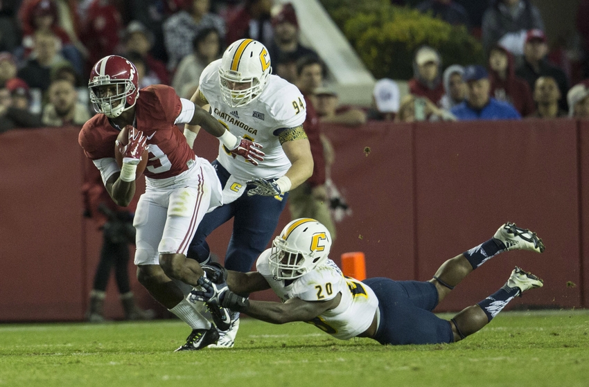 Nov 19, 2016; Tuscaloosa, AL, USA; Alabama Crimson Tide wide receiver Calvin Ridley (3) is grabbed from behind by Chattanooga Mocs linebacker Dale Warren (20) at Bryant-Denny Stadium. Mandatory Credit: Marvin Gentry-USA TODAY Sports