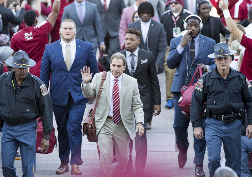 Nov 26, 2016; Tuscaloosa, AL, USA; Alabama Crimson Tide head coach Nick Saban brings his team into the stadium prior to the game against Auburn Tigers at Bryant-Denny Stadium. Mandatory Credit: Marvin Gentry-USA TODAY Sports
