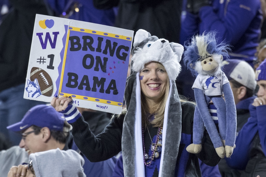 December 2, 2016; Santa Clara, CA, USA; A Washington Huskies fan holds up a sign during the fourth quarter in the Pac-12 championship against the Colorado Buffaloes at Levi