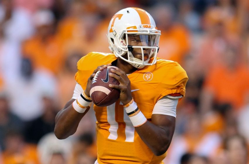Sep 19, 2015; Knoxville, TN, USA; Tennessee Volunteers quarterback Joshua Dobbs (11) during the first quarter against the Western Carolina Catamounts at Neyland Stadium. Mandatory Credit: Randy Sartin-USA TODAY Sports