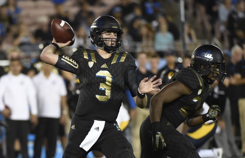 Oct 22, 2015; Pasadena, CA, USA; UCLA Bruins quarterback Josh Rosen (3) passes against the California Golden Bears during the first quarter at Rose Bowl. Mandatory Credit: Richard Mackson-USA TODAY Sports