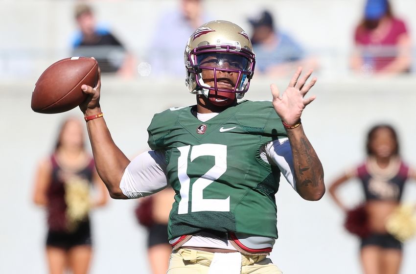 Apr 9, 2016; Orlando, FL, USA; Florida State Seminoles quarterback Deondre Francois (12) drops back to pass during the Florida State spring game at the Citrus Bowl. Mandatory Credit: Logan Bowles-USA TODAY Sports