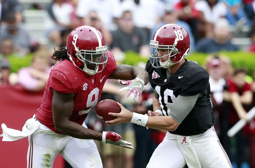 Apr 16, 2016; Tuscaloosa, AL, USA; Alabama Crimson Tide quarterback Cooper Bateman (18) hands the ball off too Alabama Crimson Tide running back Bo Scarbrough (9) at Bryant-Denny Stadium. Mandatory Credit: Marvin Gentry-USA TODAY Sports