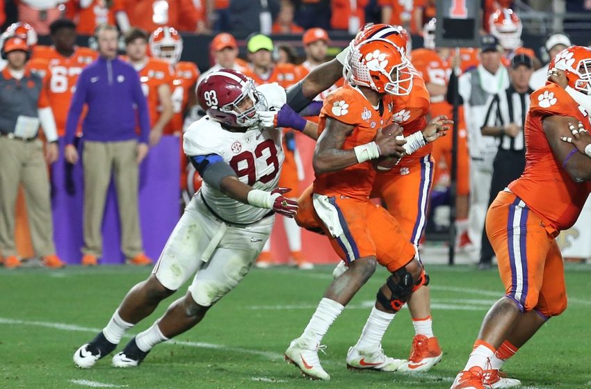 Jan 11, 2016; Glendale, AZ, USA; Alabama Crimson Tide defensive lineman Jonathan Allen (93) attempts to tackle Clemson Tigers quarterback Deshaun Watson (4) in the 2016 CFP National Championship at University of Phoenix Stadium. Mandatory Credit: Mark J. Rebilas-USA TODAY Sports