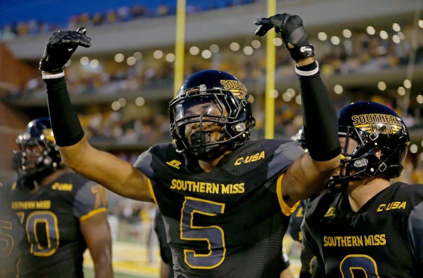 Sep 10, 2016; Hattiesburg, MS, USA; Southern Miss Golden Eagles wide receiver D.J. Thompson (5) celebrates his touchdown catch in the second quarter of their game against the Savannah State Tigers at M.M. Roberts Stadium. Mandatory Credit: Chuck Cook-USA TODAY Sports