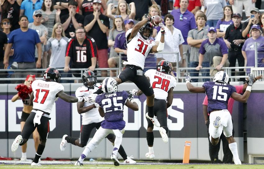 Oct 29, 2016; Fort Worth, TX, USA; Texas Tech Red Raiders defensive back Justis Nelson (31) knocks down a pass at the end of regulation against the TCU Horned Frogs at Amon G. Carter Stadium. Texas Tech won 27-24 in double overtime. Mandatory Credit: Tim Heitman-USA TODAY Sports