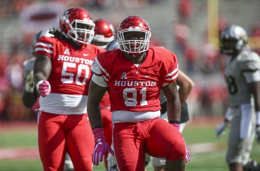 Oct 29, 2016; Houston, TX, USA; Houston Cougars defensive end Nick Thurman (91) celebrates after a defensive play during the fourth quarter against the Central Florida Knights at TDECU Stadium. The Cougars won 31-24. Mandatory Credit: Troy Taormina-USA TODAY Sports