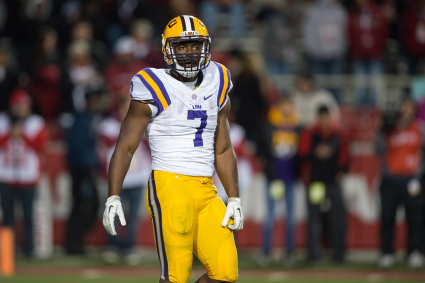 Nov 12, 2016; Fayetteville, AR, USA; LSU Tigers running back Leonard Fournette (7) looks over to the sidelines during the third quarter of the game against the Arkansas Razorbacks at Donald W. Reynolds Razorback Stadium. LSU won 38-10. Mandatory Credit: Brett Rojo-USA TODAY Sports