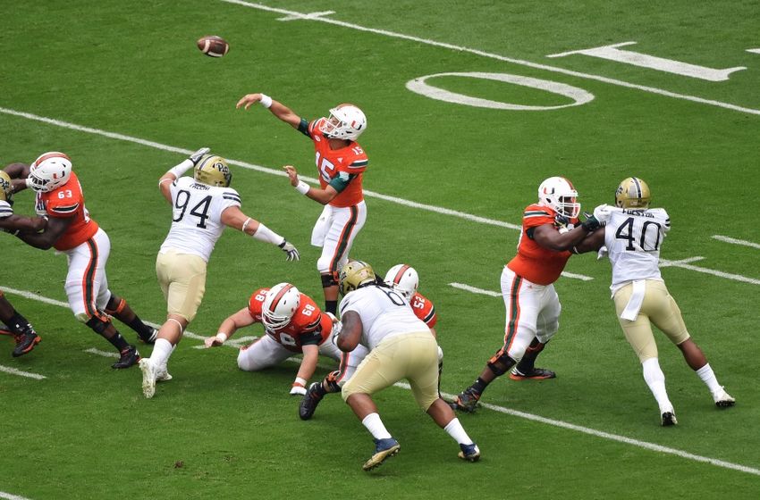 Nov 5, 2016; Miami Gardens, FL, USA; Miami Hurricanes quarterback Brad Kaaya (15) throws a pass during the first half against Pittsburgh Panthers at Hard Rock Stadium. Mandatory Credit: Steve Mitchell-USA TODAY Sports
