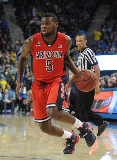 January 7, 2016; Los Angeles, CA, USA; Arizona Wildcats guard Kadeem Allen (5) moves the ball against UCLA Bruins during the first half at Pauley Pavilion. Mandatory Credit: Gary A. Vasquez-USA TODAY Sports
