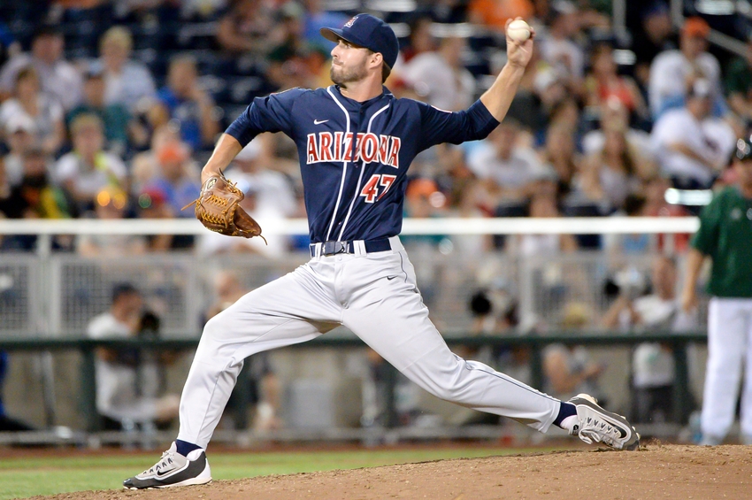 Jun 18, 2016; Omaha, NE, USA; Arizona Wildcats pitcher Cameron Ming (47) pitches the final two innings against the Miami Hurricanes in the 2016 College World Series at TD Ameritrade Park. Arizona defeated Miami 5-1. Mandatory Credit: Steven Branscombe-USA TODAY Sports