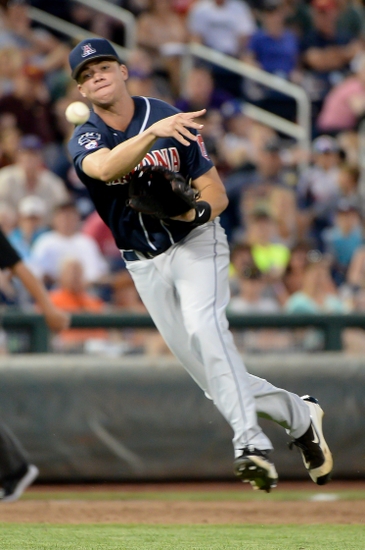 Jun 18, 2016; Omaha, NE, USA; Arizona Wildcats infielder Bobby Dalbec (3) throws to first base in the sixth inning against the Miami Hurricanes in the 2016 College World Series at TD Ameritrade Park. Arizona defeated Miami 5-1. Mandatory Credit: Steven Branscombe-USA TODAY Sports