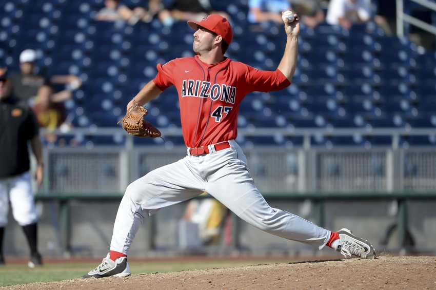 Jun 24, 2016; Omaha, NE, USA; Arizona Wildcats pitcher Cameron Ming (47) pitches against the Oklahoma State Cowboys in the ninth inning in the 2016 College World Series at TD Ameritrade Park. Arizona defeated Oklahoma State 9-3. Mandatory Credit: Steven Branscombe-USA TODAY Sports