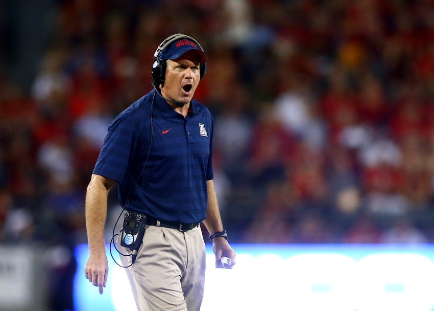 Oct 11, 2014; Tucson, AZ, USA; Arizona Wildcats head coach Rich Rodriguez reacts against the Southern California Trojans at Arizona Stadium. Mandatory Credit: Mark J. Rebilas-USA TODAY Sports