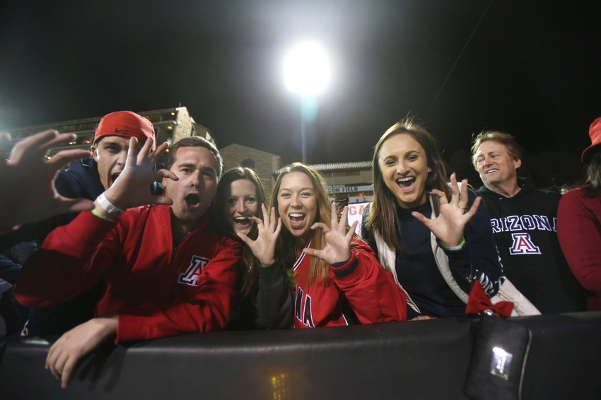 Oct 17, 2015; Boulder, CO, USA; Arizona Wildcats fans cheer their team towards the end of the game against the Colorado Buffaloes at Folsom Field. Arizona won 38-31. Mandatory Credit: Chris Humphreys-USA TODAY Sports
