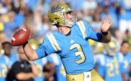 September 10, 2016; Pasadena, CA, USA; UCLA Bruins quarterback Josh Rosen (3) throws a pass against the UNLV Rebels during the first half at Rose Bowl. Mandatory Credit: Gary A. Vasquez-USA TODAY Sports