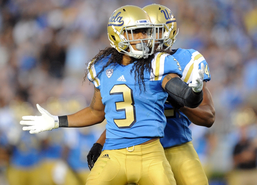 September 10, 2016; Pasadena, CA, USA; UCLA Bruins defensive back Randall Goforth (3) reacts after intercepting a pass against the UNLV Rebels during the second half at Rose Bowl. Mandatory Credit: Gary A. Vasquez-USA TODAY Sports