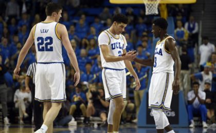 Nov 20, 2016; Los Angeles, CA, USA; UCLA Bruins guard Lonzo Ball (2) celebrates with guard Aaron Holiday (3) during the second half against the Long Beach State 49ers at Pauley Pavilion. The UCLA Bruins won 114-77. Mandatory Credit: Kelvin Kuo-USA TODAY Sports