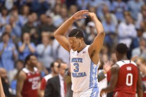 Jan 16, 2016; Chapel Hill, NC, USA; North Carolina Tar Heels forward Kennedy Meeks (3) reacts in the second half. The Tar Heels defeated the Wolfpack 67-55 at Dean E. Smith Center. Mandatory Credit: Bob Donnan-USA TODAY Sports