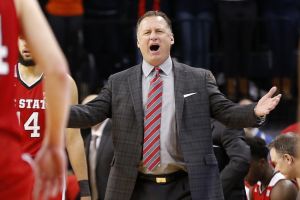 Feb 15, 2016; Charlottesville, VA, USA; North Carolina State Wolfpack head coach Mark Gottfried reacts on the sidelines against the Virginia Cavaliers in the first half at John Paul Jones Arena. The Cavaliers won 73-53. Mandatory Credit: Geoff Burke-USA TODAY Sports