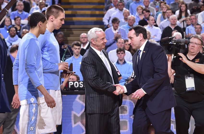 Mar 7, 2015; Chapel Hill, NC, USA; North Carolina Tar Heels head coach Roy Williams with Duke Blue Devils head coach Mike Krzyzewski before the game at Dean E. Smith Center. Mandatory Credit: Bob Donnan-USA TODAY Sports