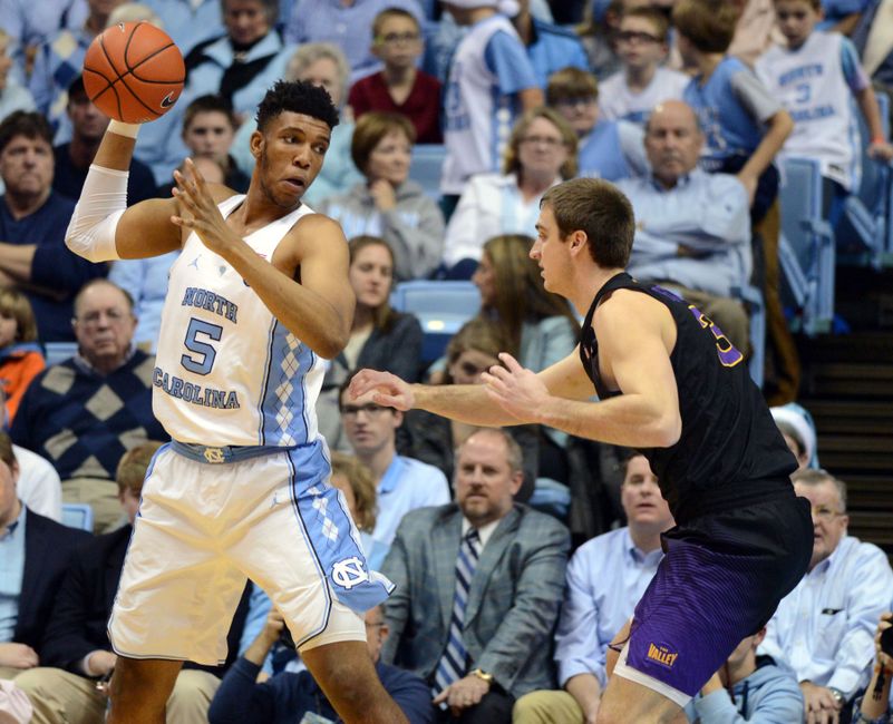 Dec 21, 2016; Chapel Hill, NC, USA; North Carolina Tar Heels forward Tony Bradley (5) looks to pass as Northern Iowa Panthers center Ted Friedman (3) defends during the first half at Dean E. Smith Center. Mandatory Credit: Rob Kinnan-USA TODAY Sports