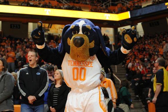 Dec 31, 2014; Knoxville, TN, USA; Tennessee Volunteers mascot Smokey during the game against the East Tennessee State Buccaneers at Thompson-Boling Arena. Tennessee won 71 to 61. Mandatory Credit: Randy Sartin-USA TODAY Sports