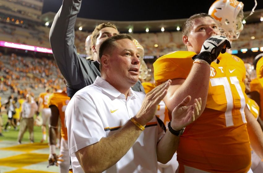 Sep 1, 2016; Knoxville, TN, USA; Tennessee Volunteers head coach Butch Jones celebrates with the team after winning in overtime against the Appalachian State Mountaineers at Neyland Stadium. Tennessee won 20-13. Mandatory Credit: Randy Sartin-USA TODAY Sports