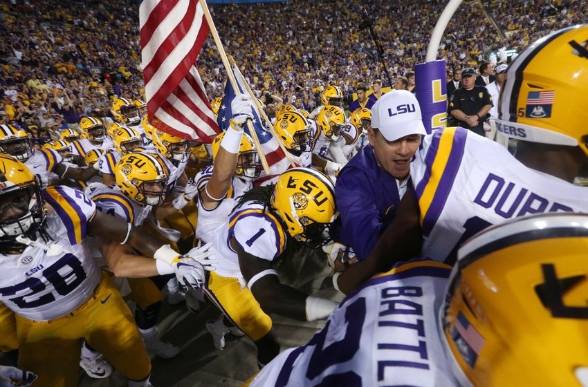 Sep 10, 2016; Baton Rouge, LA, USA; LSU Tigers head coach Les Miles and the Tigers take the field against the Jacksonville State Gamecocks at Tiger Stadium. LSU defeated Jacksonville State Gamecocks 34-13. Mandatory Credit: Crystal LoGiudice-USA TODAY Sports