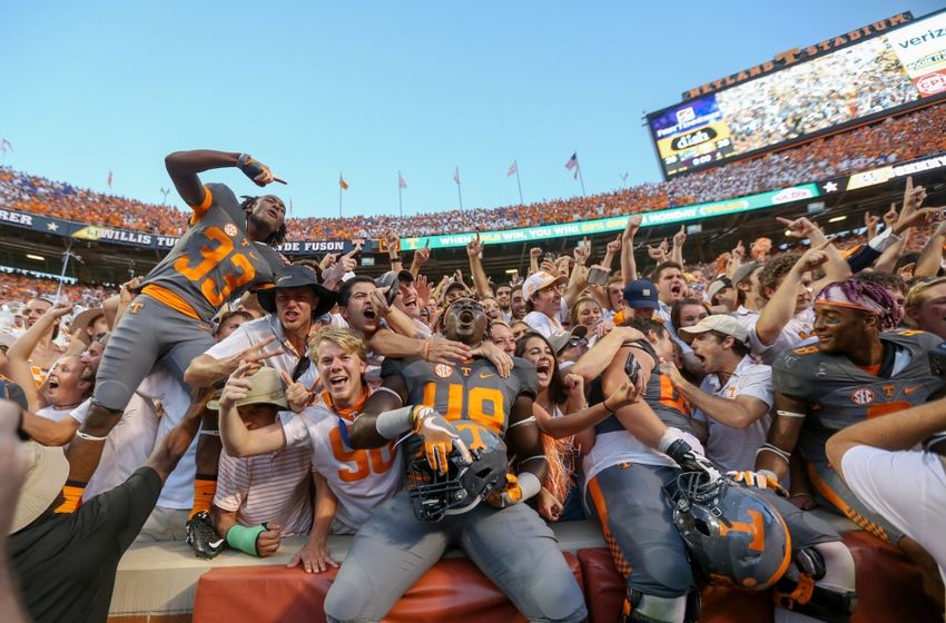 Sep 24, 2016; Knoxville, TN, USA; The Tennessee Volunteers celebrate after a victory over the Florida Gators at Neyland Stadium. Tennessee won 38 to 28. Mandatory Credit: Randy Sartin-USA TODAY Sports