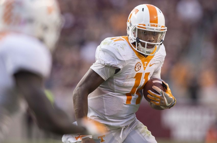 Oct 8, 2016; College Station, TX, USA; Tennessee Volunteers quarterback Joshua Dobbs (11) runs with the ball against the Texas A&M Aggies during the second half at Kyle Field. The Aggies defeat the Volunteers 45-38 in overtime. Mandatory Credit: Jerome Miron-USA TODAY Sports